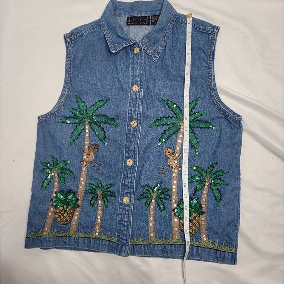 VINTAGE 90s shirt monkey palm tree embellished blue denim top L - Picture 9 of 10